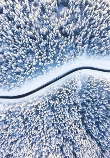 Paysage Hivernal Naturel Air Vue Aérienne Sur Route Forêt Hiver — Photo