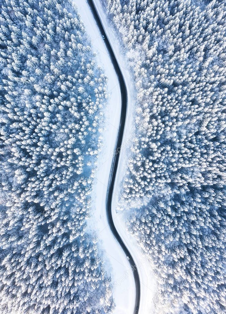 Natural winter landscape from air. Aerial view on the road and forest at the winter time. Forest under snow. Winter travel - image