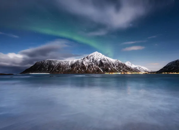 Aurora Borealis Skagsanden Praia Lofoten Islands Noruega Estrelas Luz Norte — Fotografia de Stock