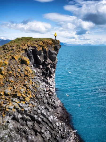 Cestovatel Vysokých Skalách Islandu Cestování Dobrodružství Skály Oceán Přírodní Krajina — Stock fotografie
