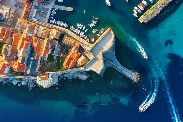 Dubrovnik, Croatia. Aerial view on the old town. Vacation and adventure. Town and sea. Top view from drone at on the old castle and blue sea. Travel - image