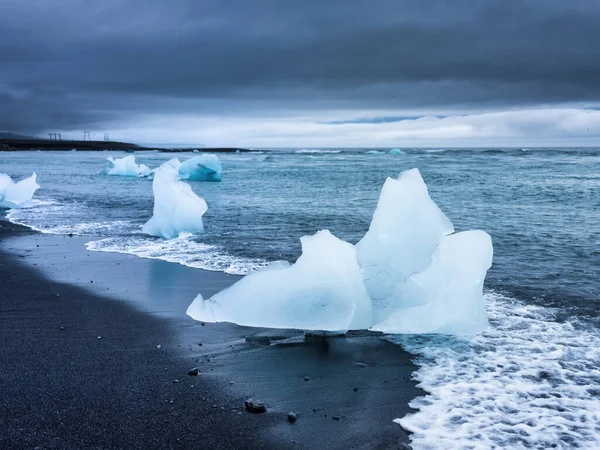 Gelo Areia Negra Praia Islandesa Ocean Bay Icebergs Paisagens Islândia — Fotografia de Stock