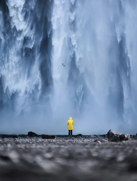 Skogafoss Şelalesinin Arka Planında Turist Zlanda Seyahat Ediyorum Zlanda Daki — Stok fotoğraf