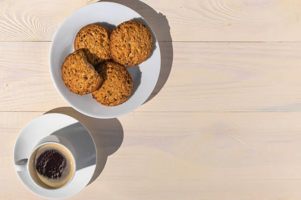 Espresso Kaffee Und Kekse Frühstück Freien Holz Hintergrund — Stockfoto