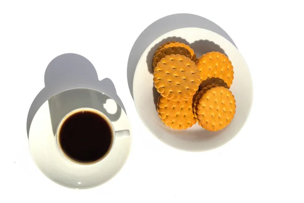 Espresso Kaffee Und Kekse Frühstück Freien Weißen Hintergrund — Stockfoto