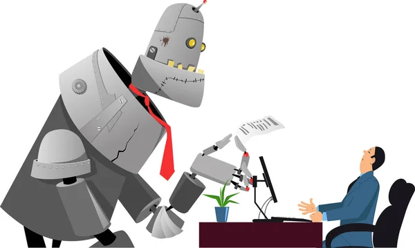 Riesenroboter mit Lebenslauf, ein Vorstellungsgespräch mit einem Personalmanager, Folge 8 Vektorillustration, keine Transparenz — Stockillustration Roboter beim Vorstellungsgespräch — Stockvektor