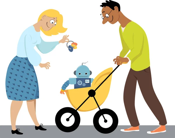 Família moderna com robô — Vetor de Stock