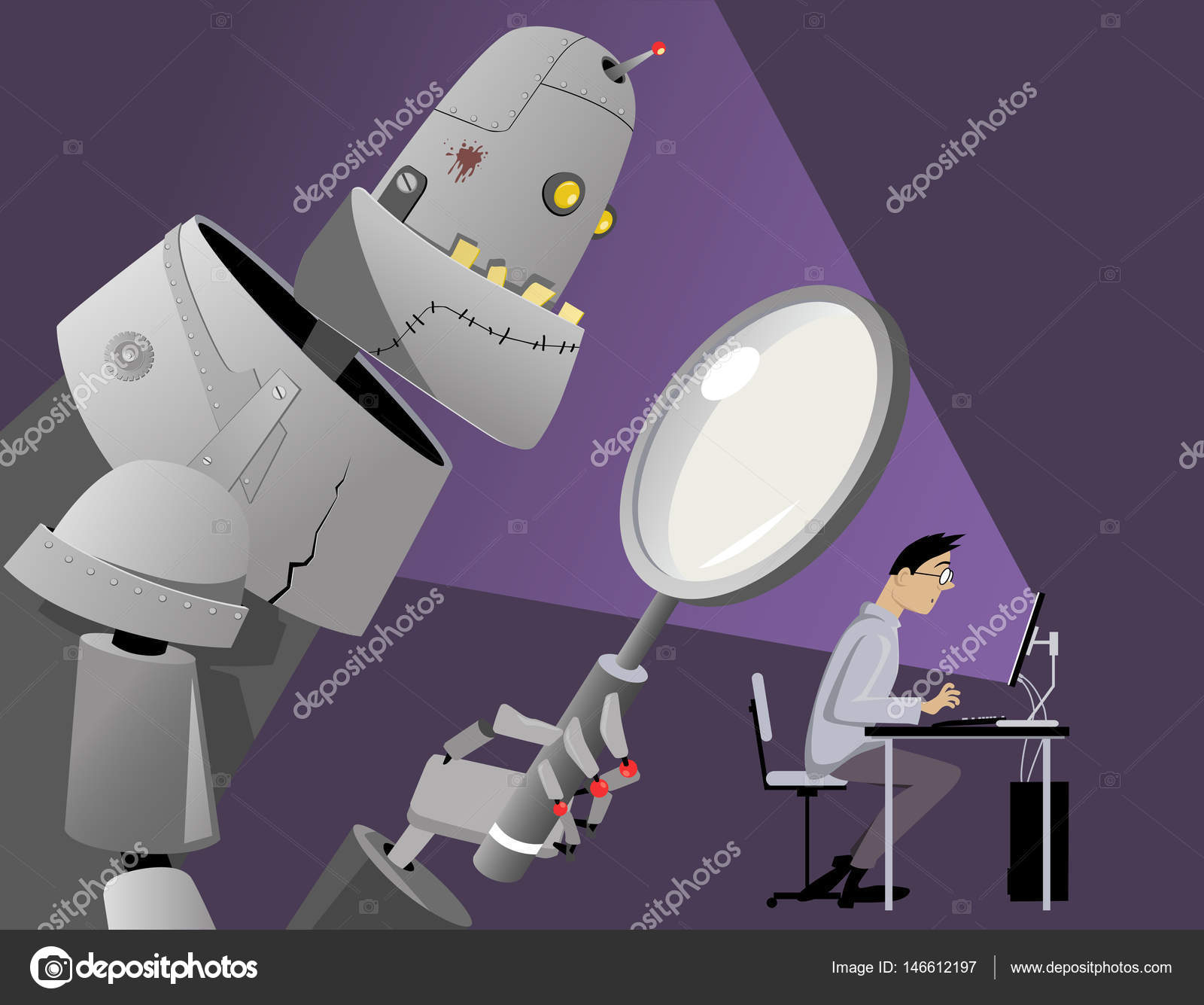 Herunterladen - Riesenroboter mit Lupe, der über eine Person wacht, arbeitet an einem Computer, Folge 8 Vektorillustration — Stockillustration Illustration zur Internetüberwachung — Stockvektor