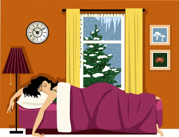 Happy Woman Sleeping Cozy Room Winter Landscape Window Eps Vector — Stock Vector