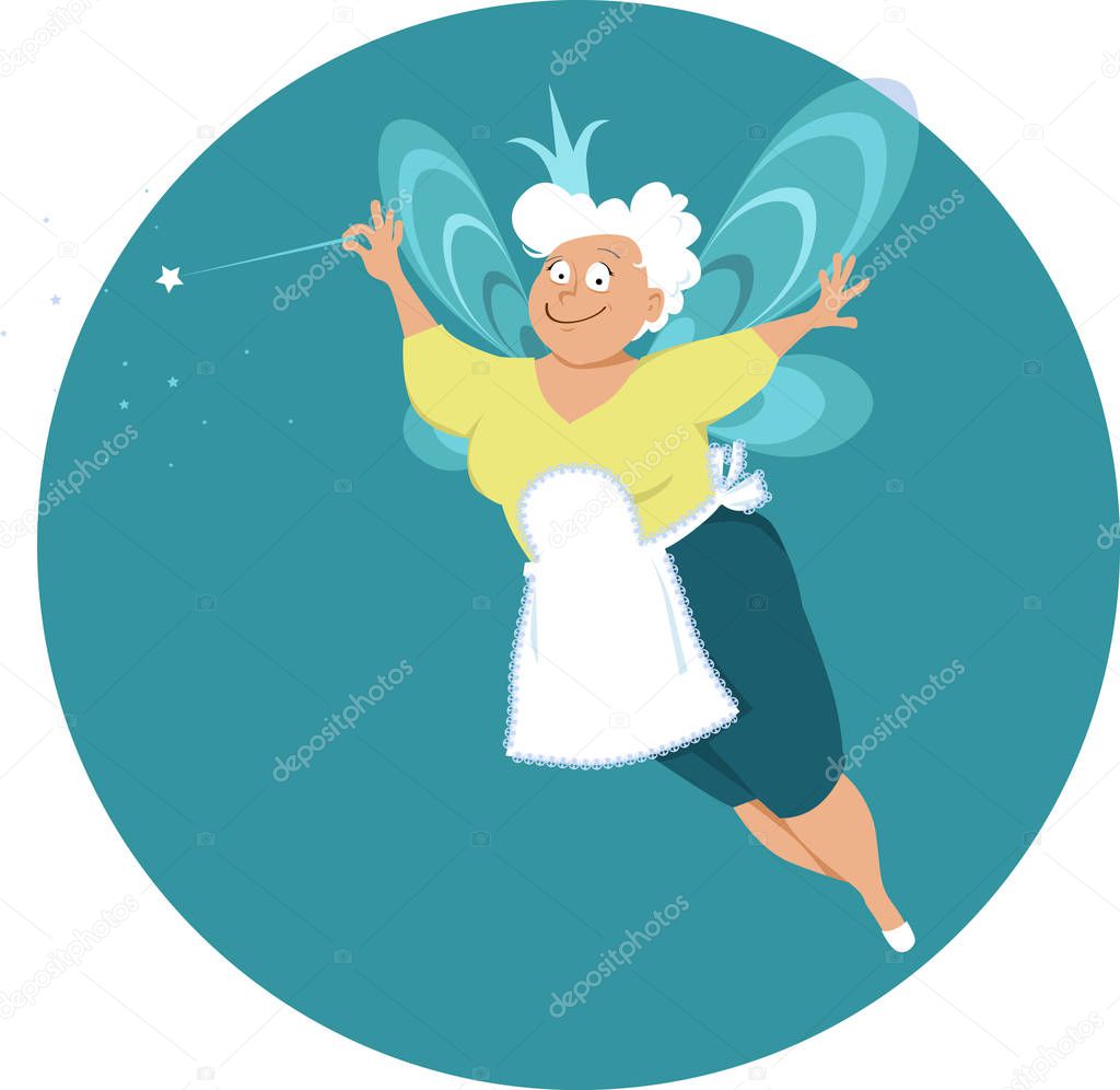 Modern fairy godmother or grandma with wings and magic wand, EPS 8 vector illustration