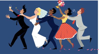 Wedding party dressed in retro fashion dancing a conga line, EPS 8 vector illustration clipart