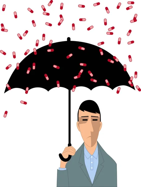 Depressed Man Umbrella Covering Rain Pills Eps Vector Illustration — Stock Vector