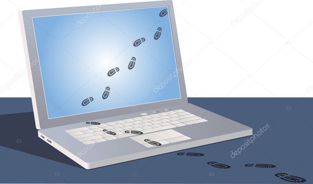 Digital footprints crossing a laptop screen and following outside, EPS 8 vector illustration