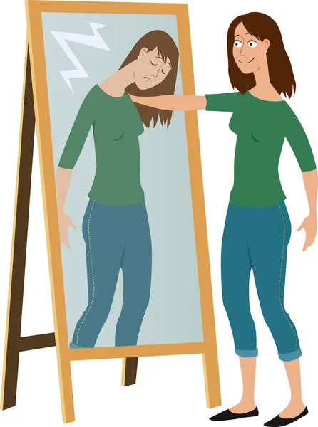 Woman Front Mirror Comforting Her Own Reflection Metaphor Self Care — Stock Vector