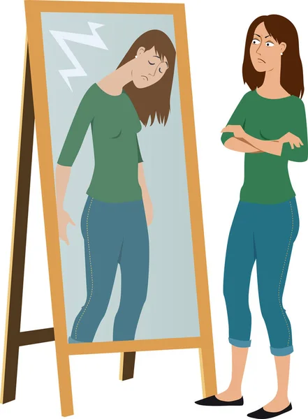 Woman Judging Her Own Ashamed Reflection Mirror Eps Vector Illustration — Stock Vector