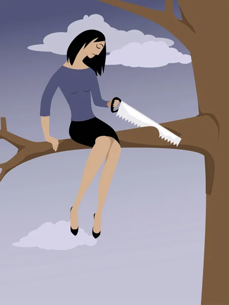 Woman Sawing Tree Branch She Sitting Metaphor Self Sabotage Eps — Stock Vector