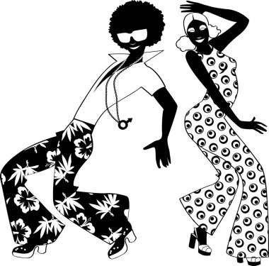 Genç çift dans disko, Eps 8 siyah vektör siluet, beyaz hiçbir nesne 1970'lerde moda giyinmiş