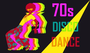 70'lerin disko dans poster bir adamla dans eden şık, Eps 8 vektör çizim stil