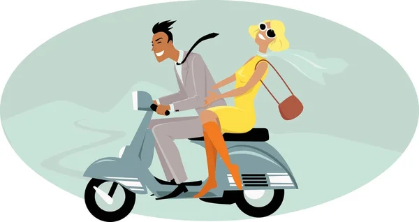 Casal Jovem Vestido Moda Dos Anos 1960 Montando Uma Scooter — Vetor de Stock
