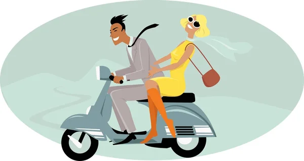 Pareja Joven Vestida Moda 1960 Montando Scooter Vintage Eps Vector — Archivo Imágenes Vectoriales