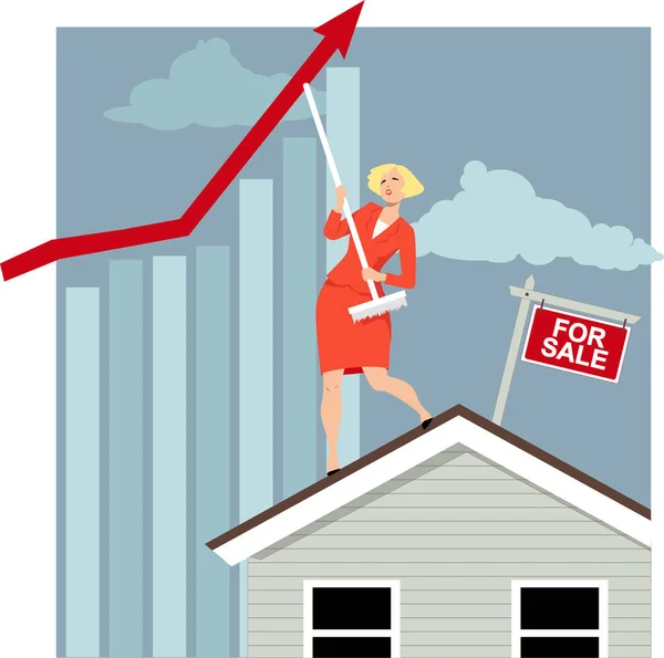 Immobilienmaklerin Versucht Mit Einem Besen Den Häuserpreis Nach Oben Biegen — Stockvektor