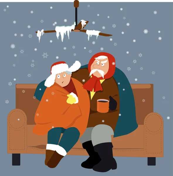 Senior Couple Sitting Couch Cold House Winter Eps Vector Illustration — Stock Vector