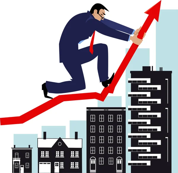 Man Bending Graph Upwards Attempting Manipulate Housing Market Eps Vector — Stock Vector