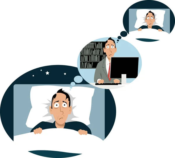 Hombre Acostado Cama Sin Dormir Pensando Trabajo Donde Está Pensando — Vector de stock