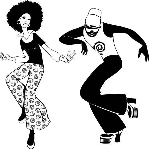 Young Couple Dressed 1970S Fashion Dancing Disco Club Black Eps — Stock Vector