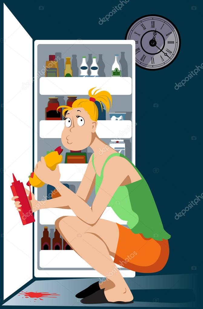 Young woman binge eating a hot dog in front of an open fridge late at night, EPS 8 vector illustration