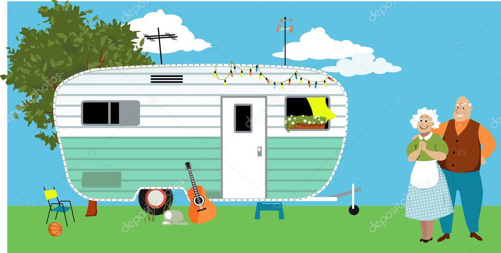 Senior couple standing in front of a camper trailer or motor home, EPS 8 vector illustration