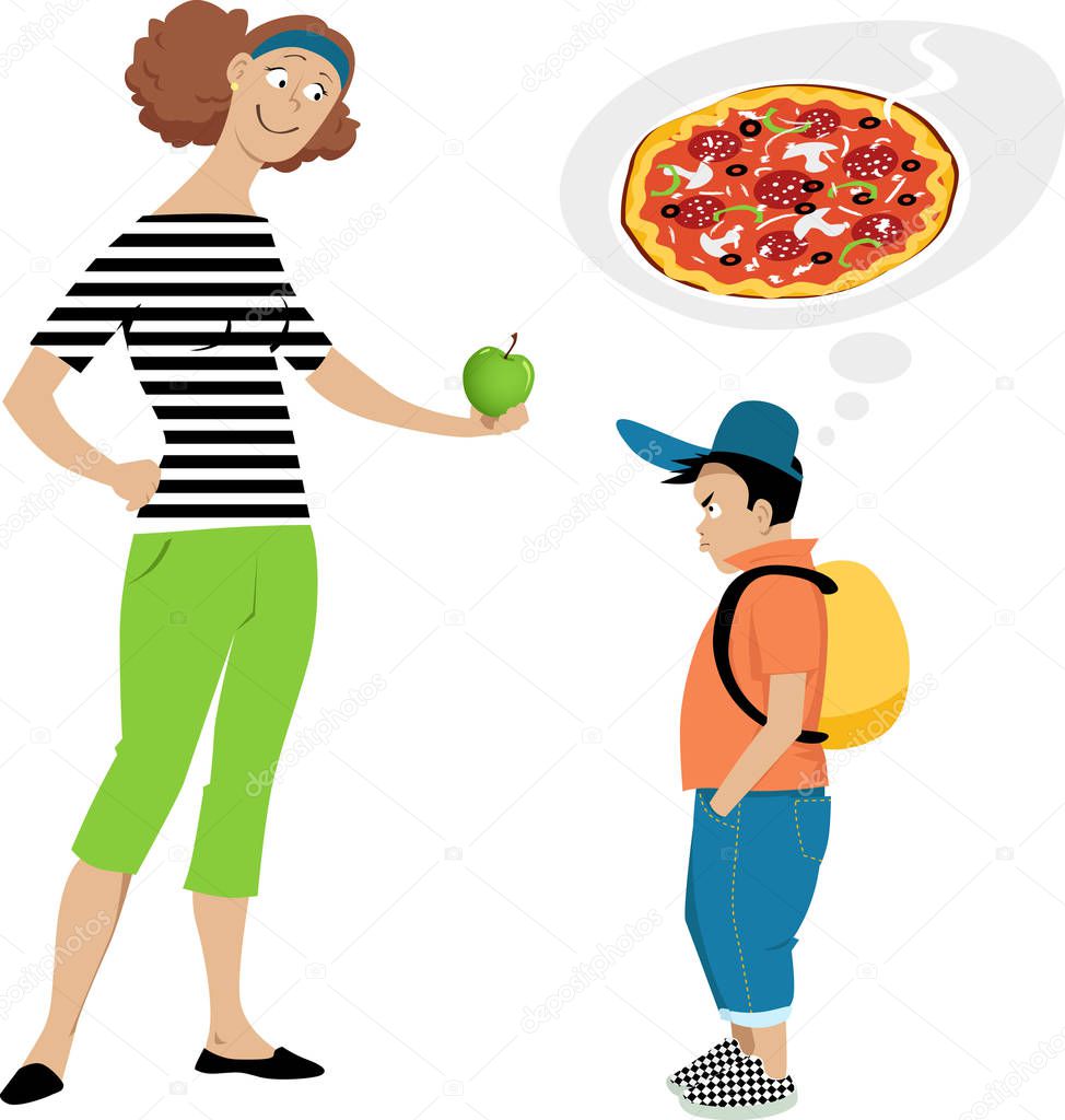 Mother giving an apple to a displeased boy who wants pizza, EPS 8 vector illustration