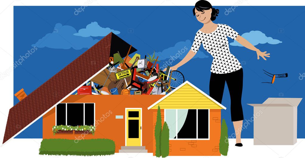 Woman decluttering, throwing away things from a house, overflown by stuff, EPS 8 vector illustration