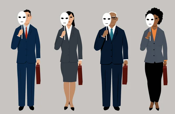 Diverse Job Candidates Hiding Masks Metaphor Eliminating Bias Hiring Process — Stock Vector