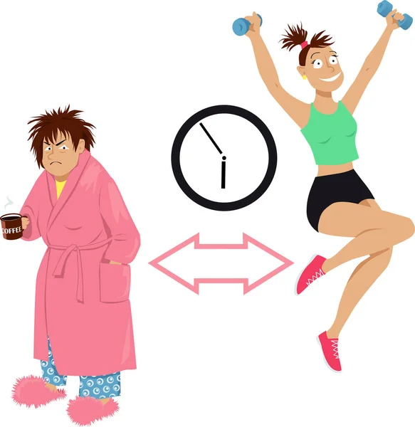 How to become a morning person, grumpy woman transformed into an enthusiastic early bird, EPS 8 vector illustration