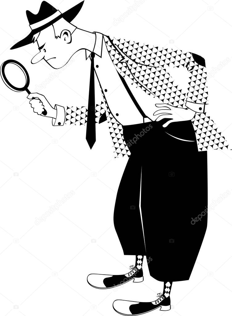 Cartoon man dressed in retro fashion with a magnifying glass, searching or examining something, black EPS 8 vector silhouette, no white objects