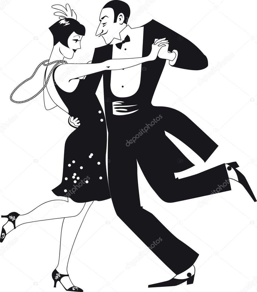 Couple dressed in 1920th fashion dancing the Charleston, black EPS 8 silhouette vector illustration, no white objects