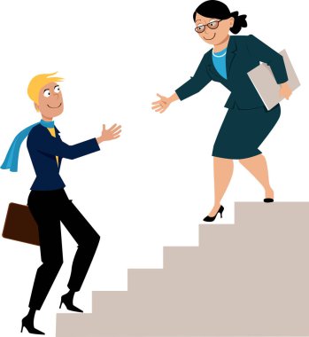 Mature business woman offering a hand to a young protegee, going upstairs, as a metaphor for mentorship or hiring, EPS 8 vector illustration clipart