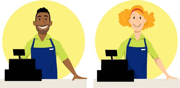 Männliche Und Weibliche Supermarkt Kassierer Charaktere Folge Vektorillustration — Stockvektor