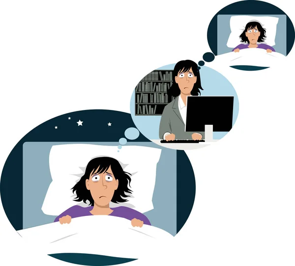 躺在床上的女人睡不着觉 想着工作 她想着晚上休息 Eps 矢量插画 — 图库矢量图片