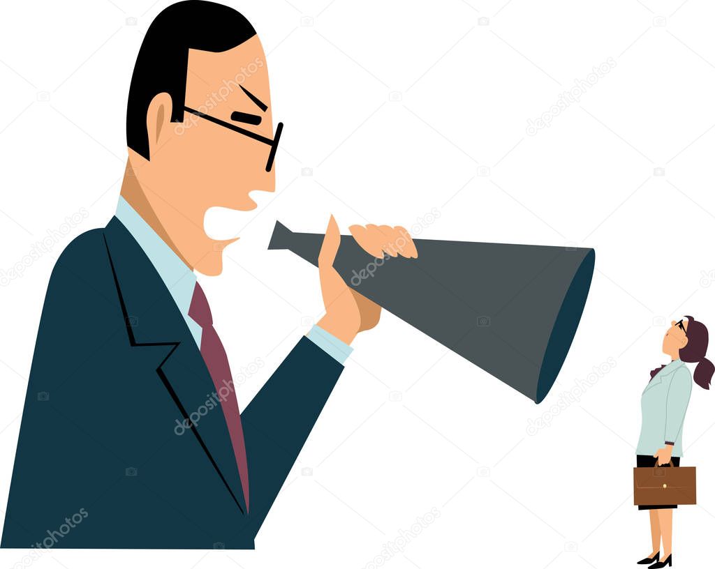 Male manager yelling at a female employee in a bullhorn, EPS 8 vector illustration