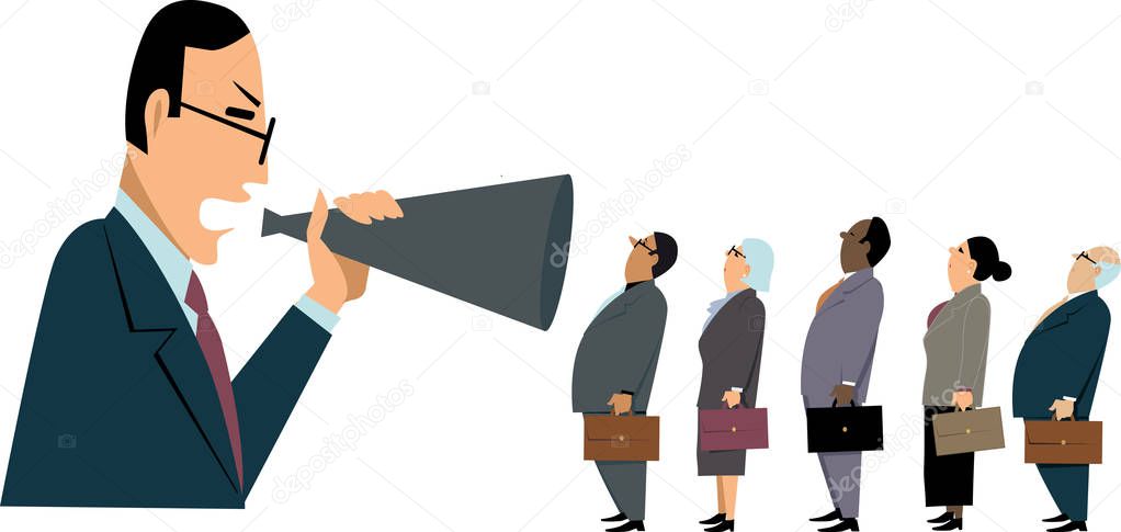 Manager yelling at employees in a bullhorn, EPS 8 vector illustration
