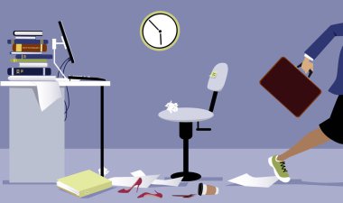 İş kadını bırakarak onun erken ofis, Eps 8 vektör çizim