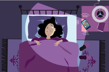 Sabahın köründe akıllı telefon alarmından ya da zil sesinden uyanan kadın, Eps 8 vektör illüstrasyonu