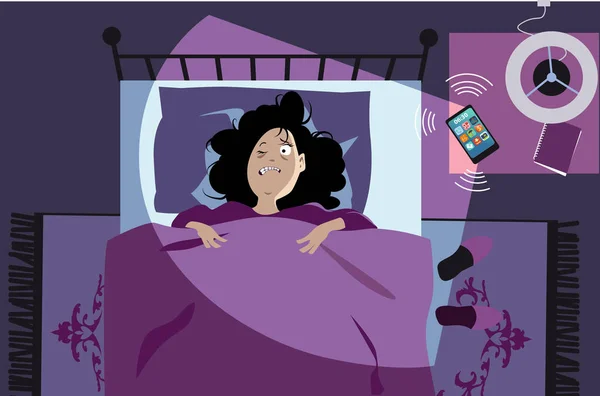 Sabahın Köründe Akıllı Telefon Alarmından Zil Sesinden Uyanan Kadın Eps — Stok Vektör
