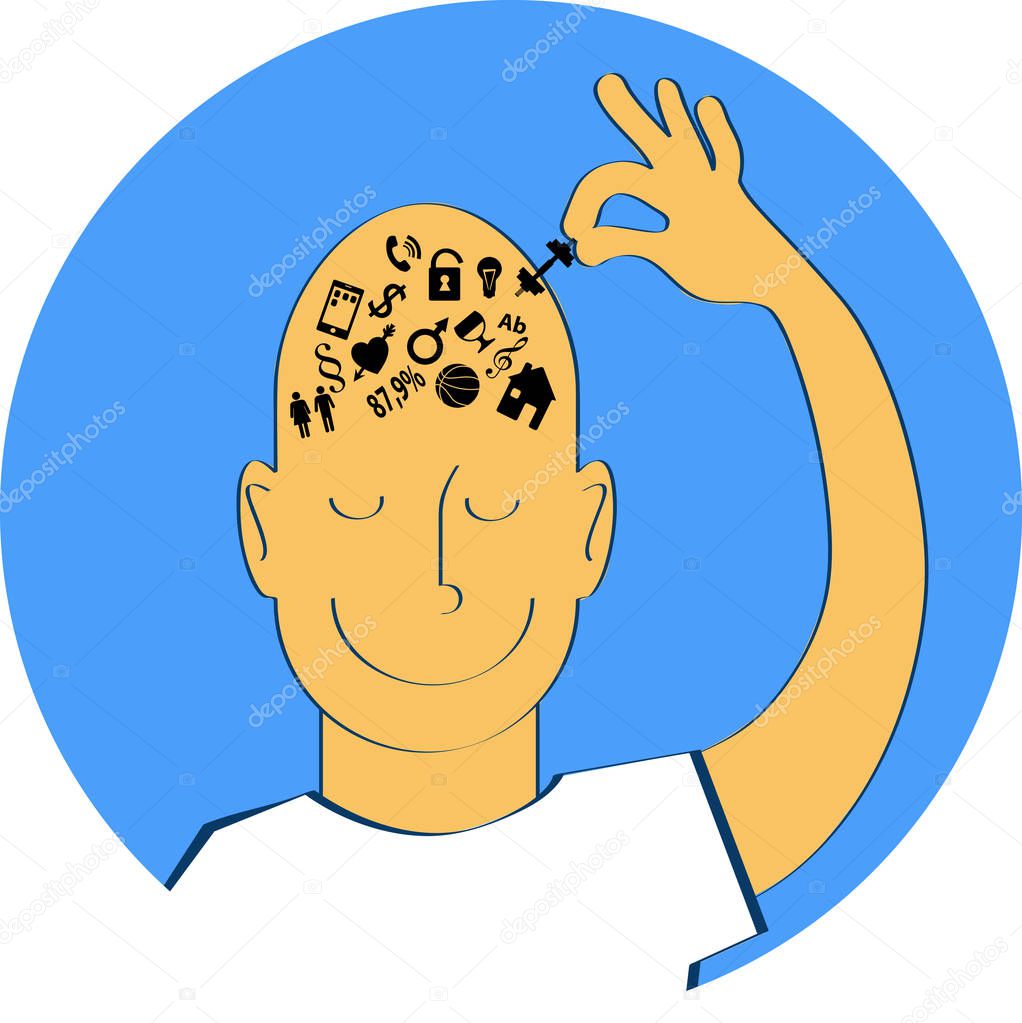 Man taking out of his brain symbols of his worries, decluttering his mind, EPS 8 vector illustration