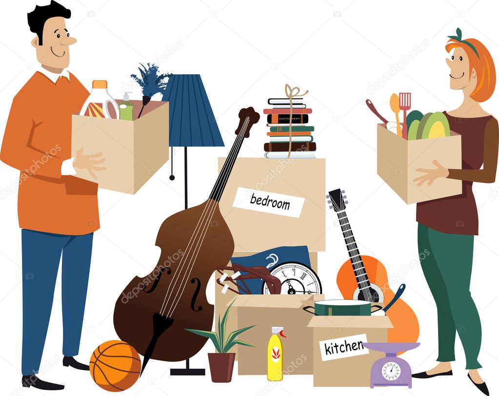 Young couple moving in together, standing near boxes of their belongings, EPS 8 vector illustration
