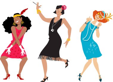 Three cartoon young women in flappers costumes, EPS 8 vector illustration clipart
