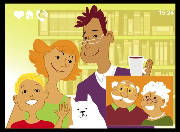 Parler Famille Avec Les Grands Parents Chat Vidéo Sur Écran — Image vectorielle