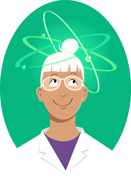 Junge Wissenschaftlerin Weißen Laborkittel Mit Elementarteilchen Die Sich Ihren Kopf — Stockvektor